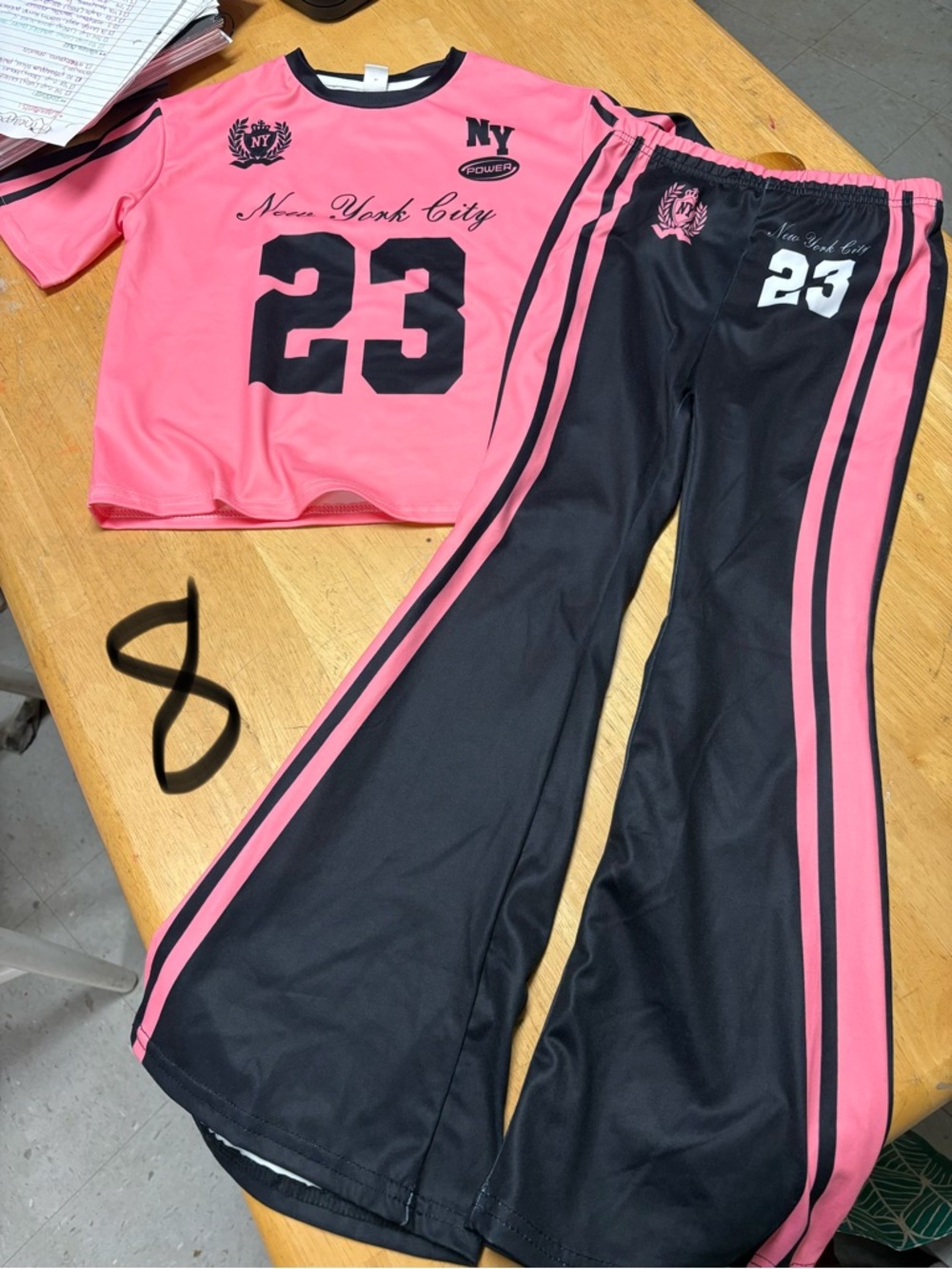 SHEIN Pink and Black Kids Matching Set NY 23 Sports Tee & Stripe Pants